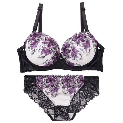 9/26新作!【三上悠亜着用】【EFサイズ】プレシャスフラワークロスブラジャー&バック透けフルバックショーツ[推し](パープル-E70/ショーツM)