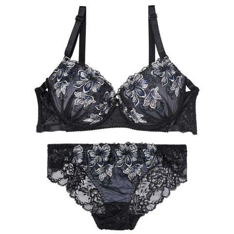 9/26新作!【三上悠亜着用】【EFサイズ】プレシャスフラワークロスブラジャー&バック透けフルバックショーツ[推し](ネイビー-E70/ショーツM)