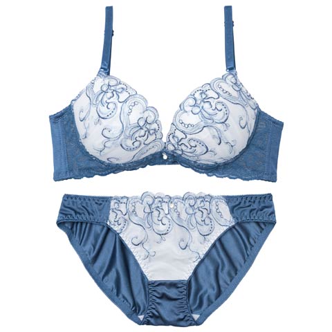 8/6新作!ニュアンスハートチュールレース育乳ブラジャー&フルバックショーツ[推し][人気](ブルー-A70/ショーツM)