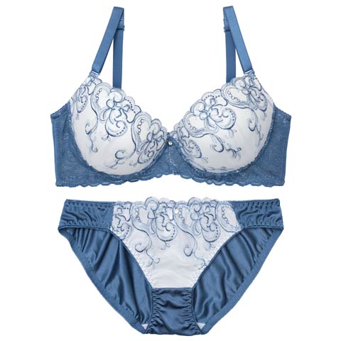 8/6新作!【EFサイズ】ニュアンスハートチュールレース育乳ブラジャー&フルバックショーツ[推し](ブルー-E70/ショーツM)