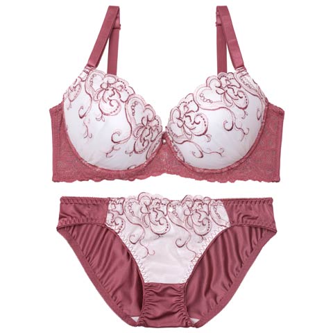 8/6新作!【EFサイズ】ニュアンスハートチュールレース育乳ブラジャー&フルバックショーツ[推し](ローズ-E70/ショーツM)