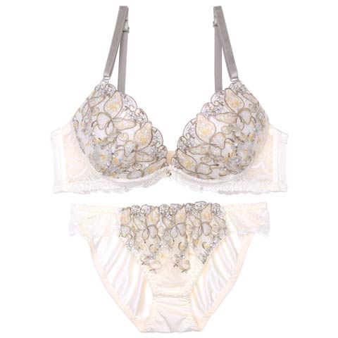 9/11再販!フェミニンリーフエンブロイダリーブラジャー&フルバックショーツ[推し][人気](クリーム-A70/ショーツM)