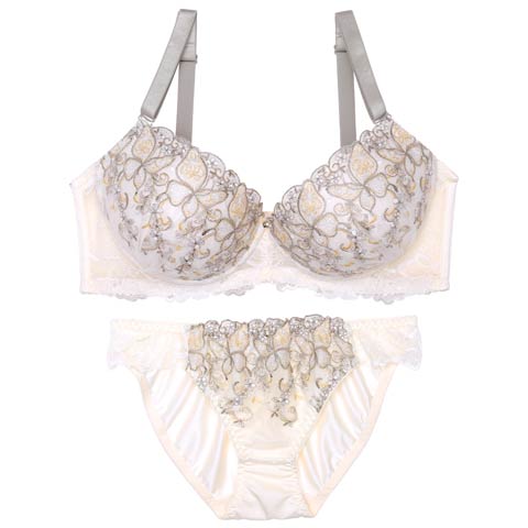 7/25新作!【EFサイズ】フェミニンリーフエンブロイダリーブラジャー&フルバックショーツ[推し](クリーム-E70/ショーツM)