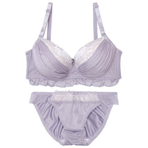 8/20新作!【EFサイズ】ストライプシフォンレース育乳ブラジャー&フルバックショーツ[推し](ブルーグレー-E70/ショーツM)