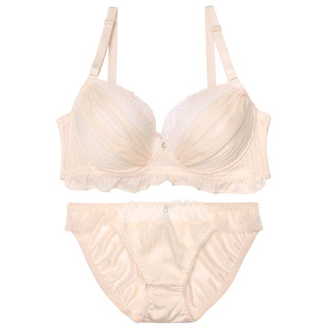 8/20新作!【EFサイズ】ストライプシフォンレース育乳ブラジャー&フルバックショーツ[推し](ピンク-E70/ショーツM)