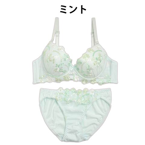 【EFサイズ】コットン素材フローラル刺繍ブラジャー&フルバックショーツ(ミント-E70/ショーツM)