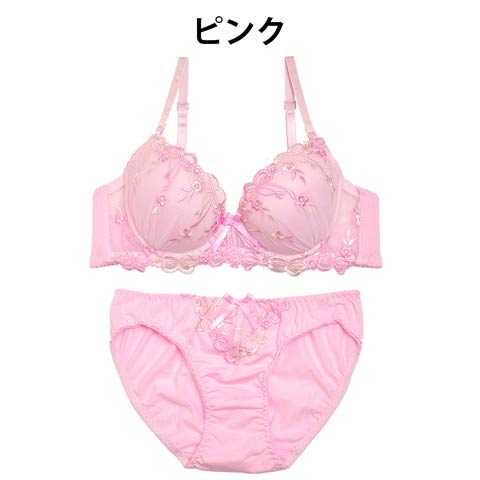 【EFサイズ】コットン素材リボン刺繍ブラジャー&フルバックショーツ(ピンク-E70/ショーツM)