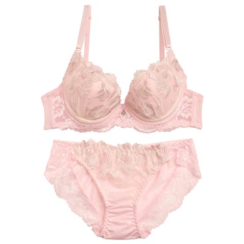 パステルメッシュレースフラワー刺繍ブラジャー&フルバックショーツ(ピンク-A70/ショーツM)