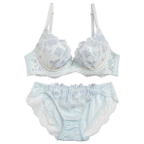 パステルメッシュレースフラワー刺繍ブラジャー&フルバックショーツ(サックス-A70/ショーツM)