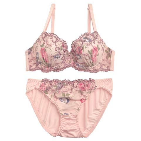 【EFサイズ】クラシカルフラワー刺繍レースブラジャー&フルバックショーツ(ピンク-E70/ショーツM)