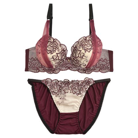 【EFサイズ】ビビッドフラワーエンブロイダリーブラジャー&フルバックショーツ(ワインレッド-E70/ショーツM)