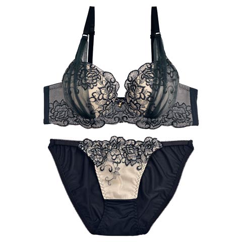 【EFサイズ】ビビッドフラワーエンブロイダリーブラジャー&フルバックショーツ(ネイビー-E70/ショーツM)