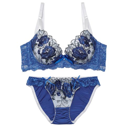 3/17再販!【三上悠亜着用】ゴージャスフラワーパール育乳脇高ブラジャー&フルバックショーツ[推し] [人気](ロイヤルブルー-A65/ショーツM)