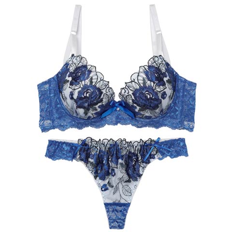 3/17再販!【Tバック】【三上悠亜着用】ゴージャスフラワーパール育乳脇高ブラジャー&バック透けTバックショーツ[推し][人気](ロイヤルブルー-A65/ショーツM)