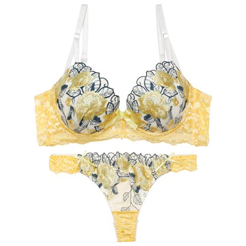 【育乳ブラ&Tバック】ゴージャスフラワーパール育乳脇高ブラジャー&バック透けTバックショーツ[推し][人気](イエロー-A65/ショーツM)