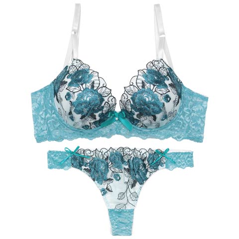 11/8再販!【EFサイズ】【Tバック】【三上悠亜着用】ゴージャスフラワーパール育乳脇高ブラジャー&Tバックショーツ[推し](ターコイズブルー-E65/ショーツM)