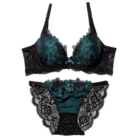 12/9再販!ダスティブルームエンブロイダリー育乳ブラジャー&バック透けフルバックショーツ[推し][人気](グリーン-A65/ショーツM)