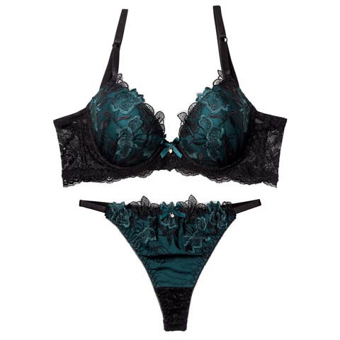 12/9再販!【Tバック】ダスティブルームエンブロイダリー育乳ブラジャー&バック透けTバックショーツ[推し][人気](グリーン-A65/ショーツM)