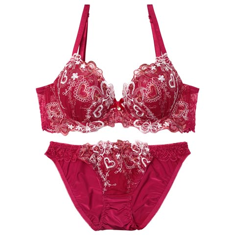 4/16再販!スイートロマンティックハート育乳ブラジャー&フルバックショーツ [推し][人気](ワインレッド-A70/ショーツM)