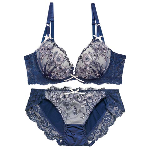 【EFサイズ】ダスティジュエルフラワー育乳脇高ブラジャー&フルバックショーツ[推し](ネイビー-E70/ショーツM)