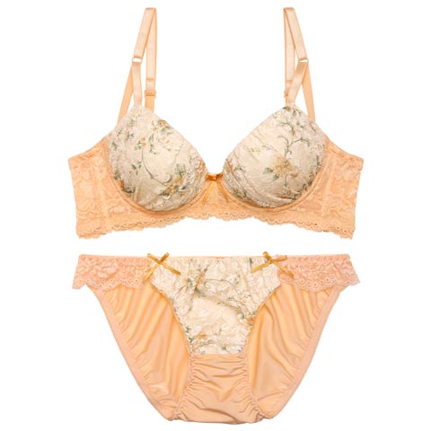フローラルキュートレース育乳脇高ブラジャー&フルバックショーツ [推し](オレンジ-A70/ショーツM)