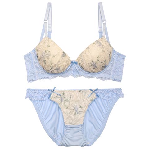 フローラルキュートレース育乳脇高ブラジャー&フルバックショーツ [推し](ブルー-A70/ショーツM)