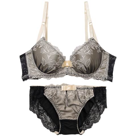 【EFサイズ】【三上悠亜着用】シックボタニカルフラワー育乳ブラジャー&フルバックショーツ[推し](ゴールド-E70/ショーツM)