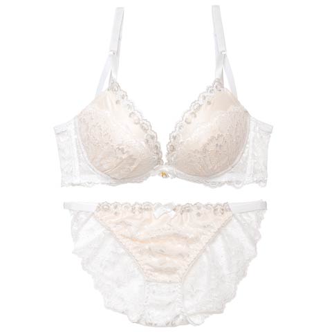 11/18再販!【EFサイズ】エレガンスシアーレース育乳脇高ブラジャー&バック透けフルバックショーツ[推し](ホワイト-E65/ショーツM)