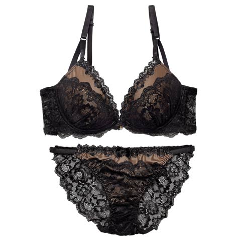 11/18再販!【EFサイズ】エレガンスシアーレース育乳脇高ブラジャー&バック透けフルバックショーツ[推し](ブラック-E65/ショーツM)