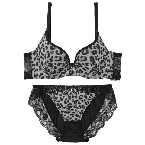 【EFサイズ】センシュアルレオパードレース育乳脇高ブラジャー&フルバックショーツ[推し](グレー-E65/ショーツM)