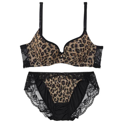 【EFサイズ】センシュアルレオパードレース育乳脇高ブラジャー&フルバックショーツ[推し](ブラウン-E65/ショーツM)