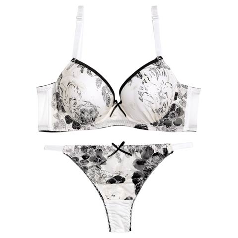 【Tバック】モノトーンパイピングブルーム育乳脇高ブラジャー&バック透けTバックショーツ[推し][人気](ホワイト-A65/ショーツM)