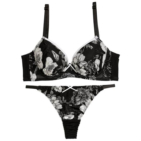 【Tバック】モノトーンパイピングブルーム育乳脇高ブラジャー&バック透けTバックショーツ[推し][人気](ブラック-A65/ショーツM)