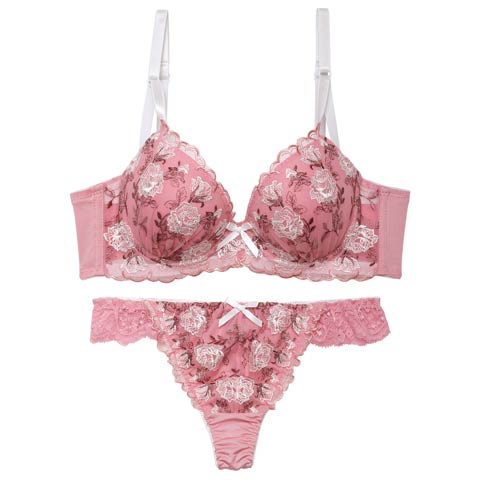 【Tバック】ドルチェローズエンブロイダリー育乳脇高ブラジャー&Tバックショーツ[推し][人気](ピンク-A65/ショーツM)