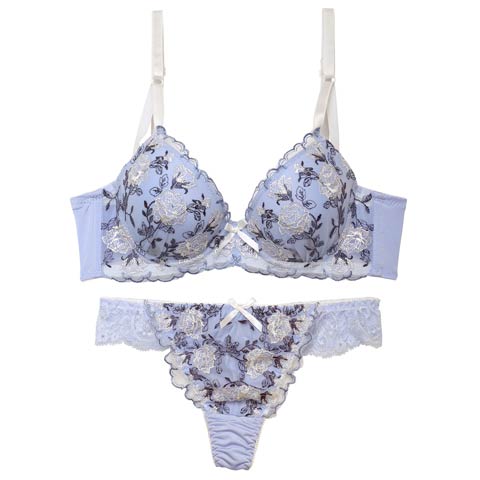 【Tバック】ドルチェローズエンブロイダリー育乳脇高ブラジャー&Tバックショーツ[推し][人気](ブルー-A65/ショーツM)