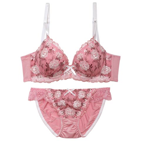 【EFサイズ】ドルチェローズエンブロイダリー育乳脇高ブラジャー&フルバックショーツ[推し](ピンク-E65/ショーツM)