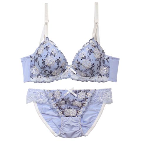 【EFサイズ】ドルチェローズエンブロイダリー育乳脇高ブラジャー&フルバックショーツ[推し](ブルー-E65/ショーツM)