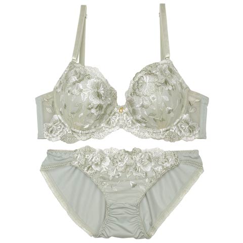 【EFサイズ】ニュアンスベルフローラルブラジャー&フルバックショーツ[推し](グリーン-E70/ショーツM)