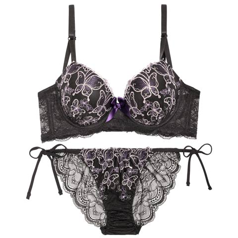 10/28再販!【EFサイズ】【三上悠亜着用】エレガントシャイニーバタフライ育乳脇高ブラジャー&サイド紐バック透けフルバックショーツ[推し](ブラック-E65/ショーツM)