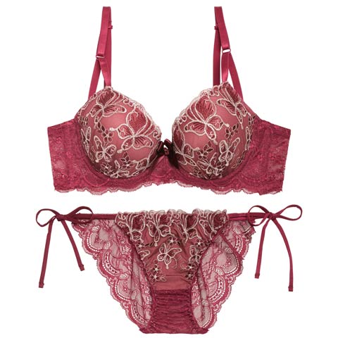 10/28再販!【EFサイズ】【三上悠亜着用】エレガントシャイニーバタフライ育乳脇高ブラジャー&サイド紐バック透けフルバックショーツ[推し](ワインレッド-E65/ショーツM)