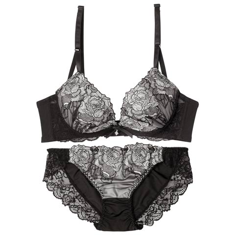 【EFサイズ】クラシックモダンローズ育乳脇高ブラジャー&フルバックショーツ[推し](シルバー-E70/ショーツM)