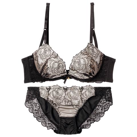 【EFサイズ】クラシックモダンローズ育乳脇高ブラジャー&フルバックショーツ[推し](ゴールド-E70/ショーツM)