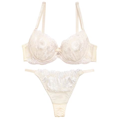 【EFサイズ】【Tバック】【三上悠亜着用】エレガンスフラワー刺繍ブラジャー&Tバックショーツ[推し](ホワイト-E65/ショーツM)