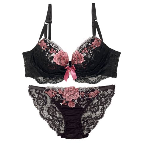 【EFサイズ】【三上悠亜着用】ラグジュアリーレースフルール育乳ブラジャー&バック透けフルバックショーツ[推し](ピンク-E65/ショーツM)