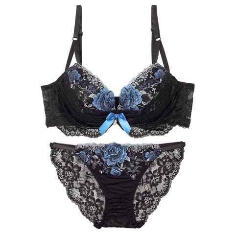 【EFサイズ】【三上悠亜着用】ラグジュアリーレースフルール育乳ブラジャー&バック透けフルバックショーツ[推し](ブルー-E65/ショーツM)