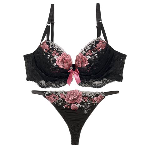 【EFサイズ】【Tバック】【三上悠亜着用】ラグジュアリーレースフルール育乳ブラジャー&バック透けTバックショーツ[推し](ピンク-E65/ショーツM)