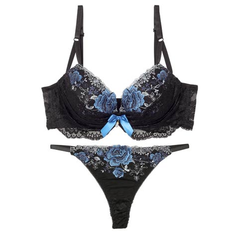 【EFサイズ】【Tバック】【三上悠亜着用】ラグジュアリーレースフルール育乳ブラジャー&バック透けTバックショーツ[推し](ブルー-E65/ショーツM)