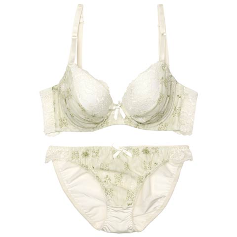 【EFサイズ】メルティボタニカルシフォン育乳ブラジャー&フルバックショーツ[推し](グリーン-E70/ショーツM)