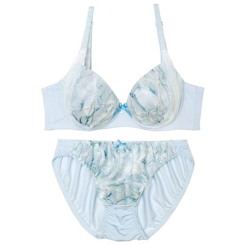8/28再販!【ノンワイヤー】ガーリーメロウマーブル育乳ブラジャー&フルバックショーツ[推し][人気](ブルー-M)