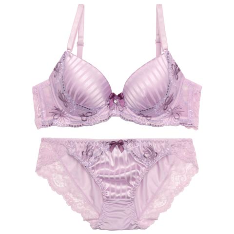 7/18新作!【ノンワイヤー】ラブリーリボンストライプブラジャー&フルバックショーツ[推し][人気](パープル-M)